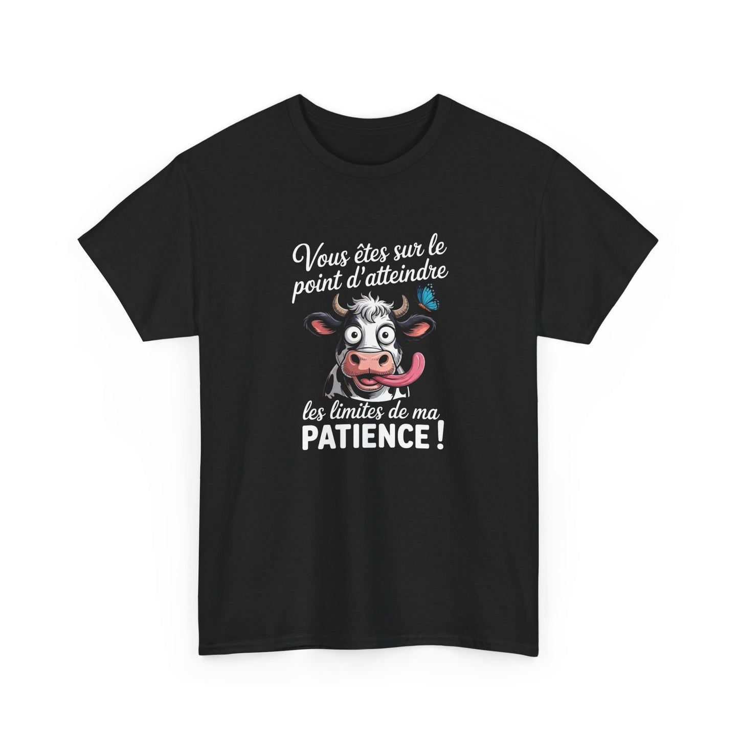 T-Shirt Humoristique Vache Patience – Tee Shirt Drôle Adulte Homme Femme – Cadeau Humour Animal – Noir Blanc Gris
