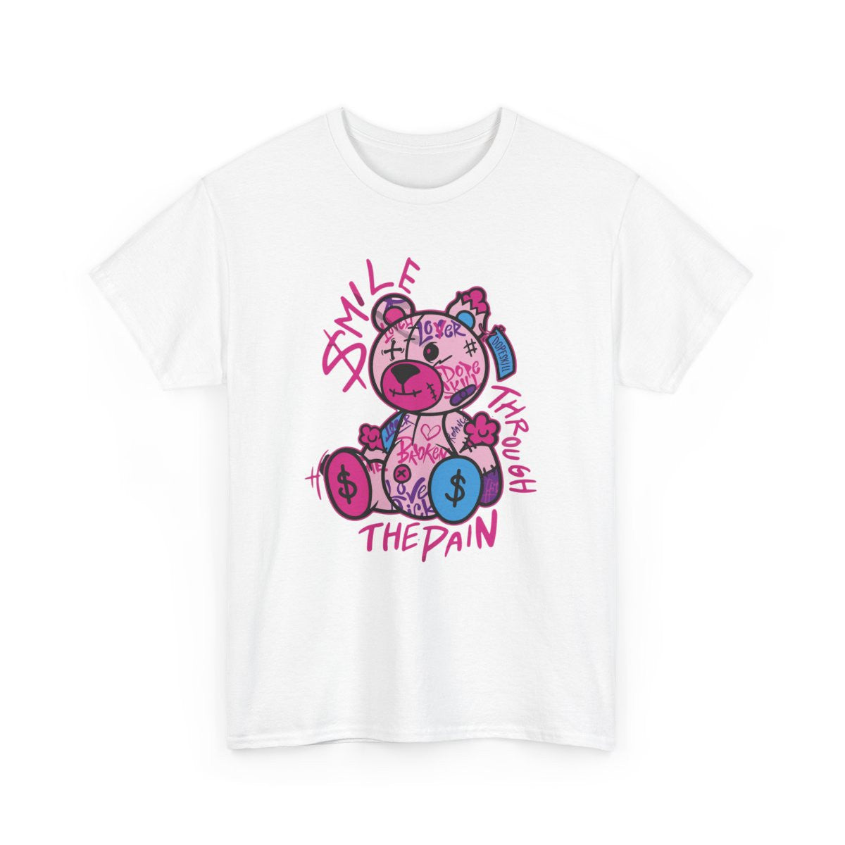 Tee-shirt Unisexe Graphique Ours Stylisé – Smile Through the Pain – T-shirt Streetwear Couleur Émotion S à 3XL