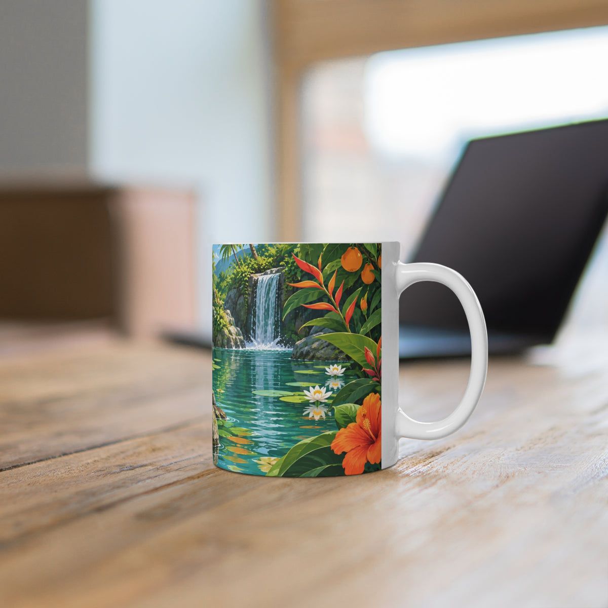 Mug Capybara dans un Paradis Tropical – Tasse Animal Mignon avec Cascade, Fleurs et Oranges – Cadeau Original Amoureux des Animaux