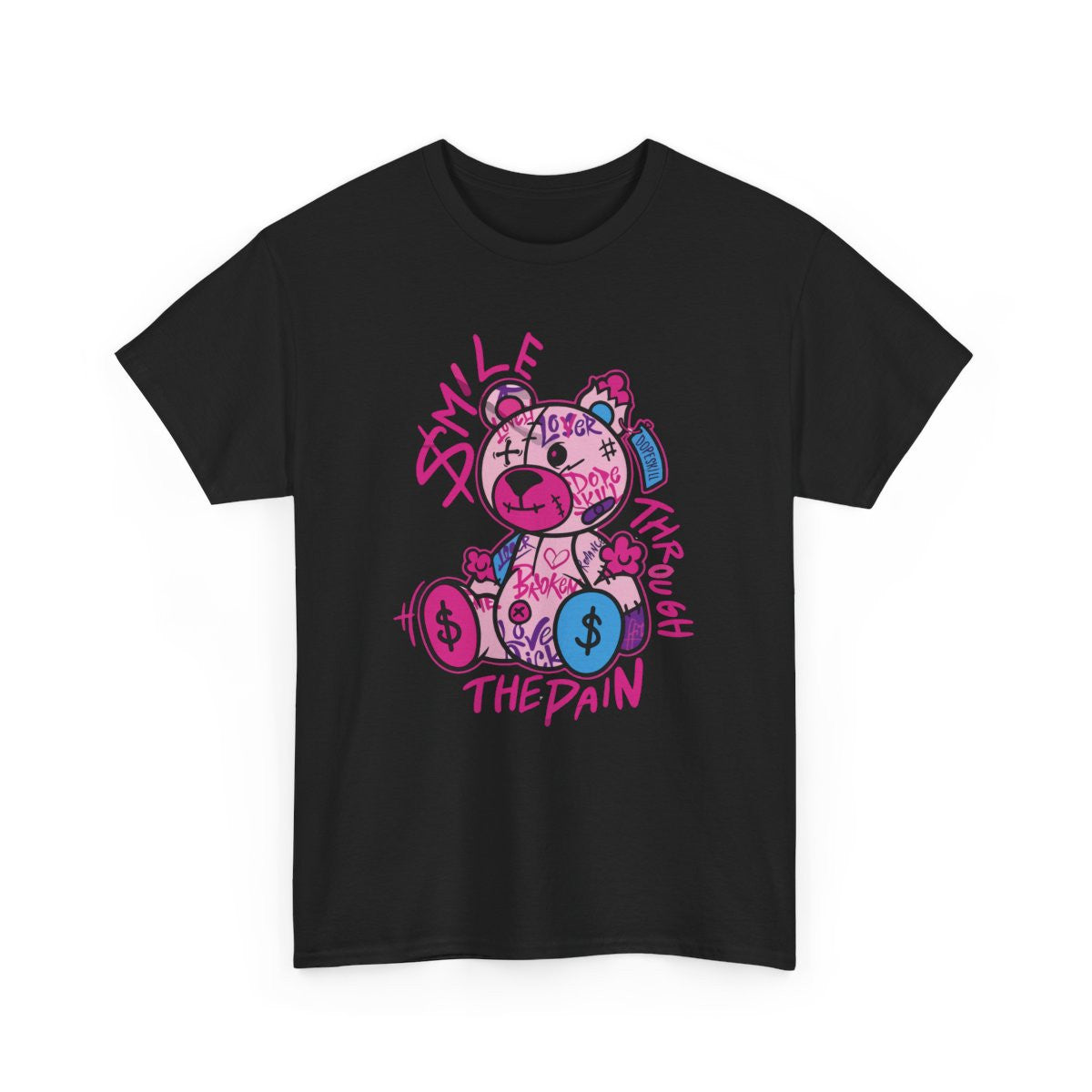 Tee-shirt Unisexe Graphique Ours Stylisé – Smile Through the Pain – T-shirt Streetwear Couleur Émotion S à 3XL