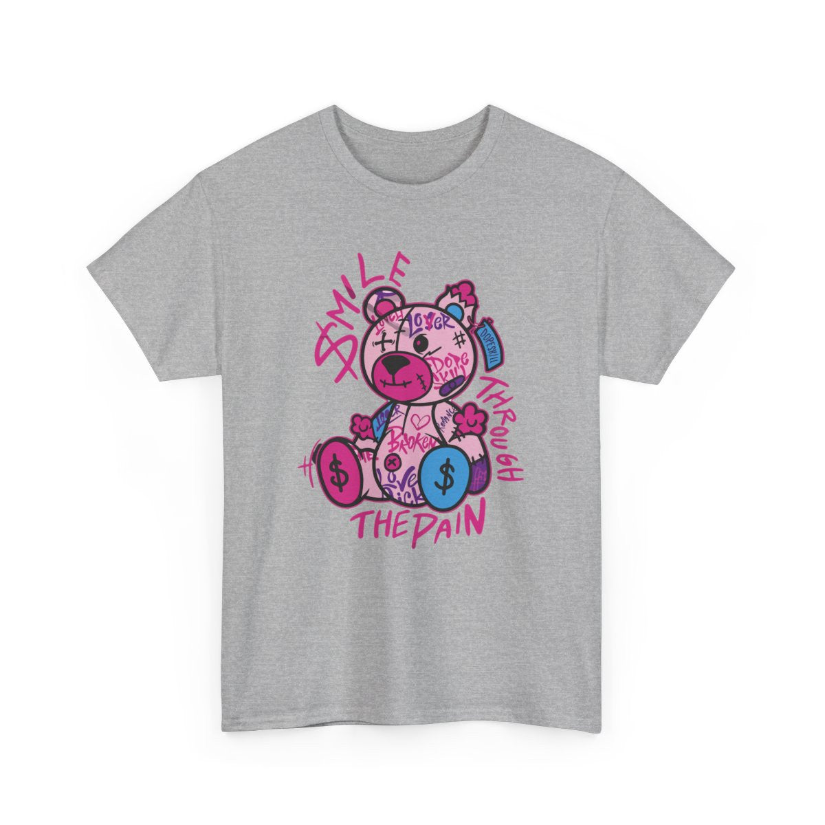 Tee-shirt Unisexe Graphique Ours Stylisé – Smile Through the Pain – T-shirt Streetwear Couleur Émotion S à 3XL
