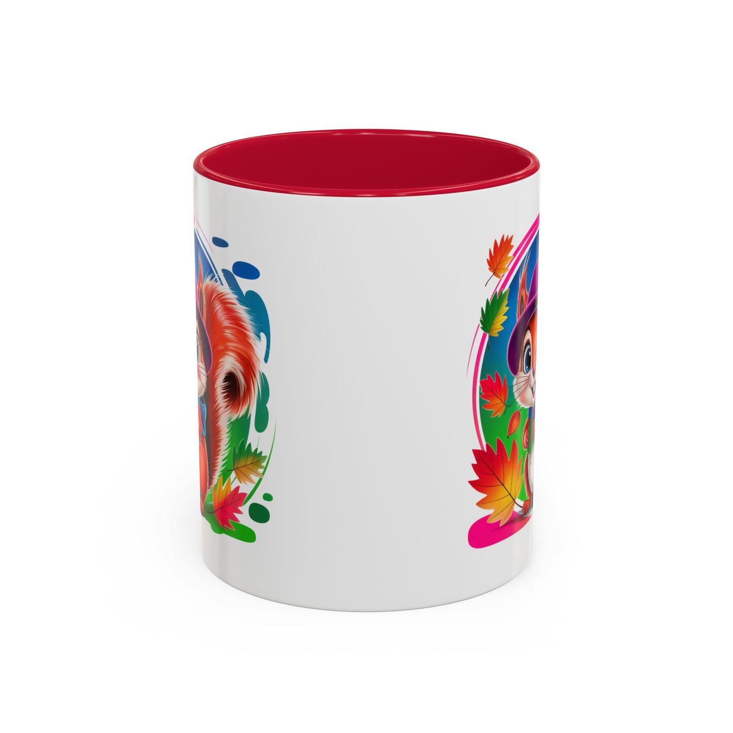 Mug Écureuil Mignon – Tasse Animal Automne Feuilles Colorées Kawaii – Cadeau Original Enfant Adulte – Céramique 325ml Noir Bleu Rouge