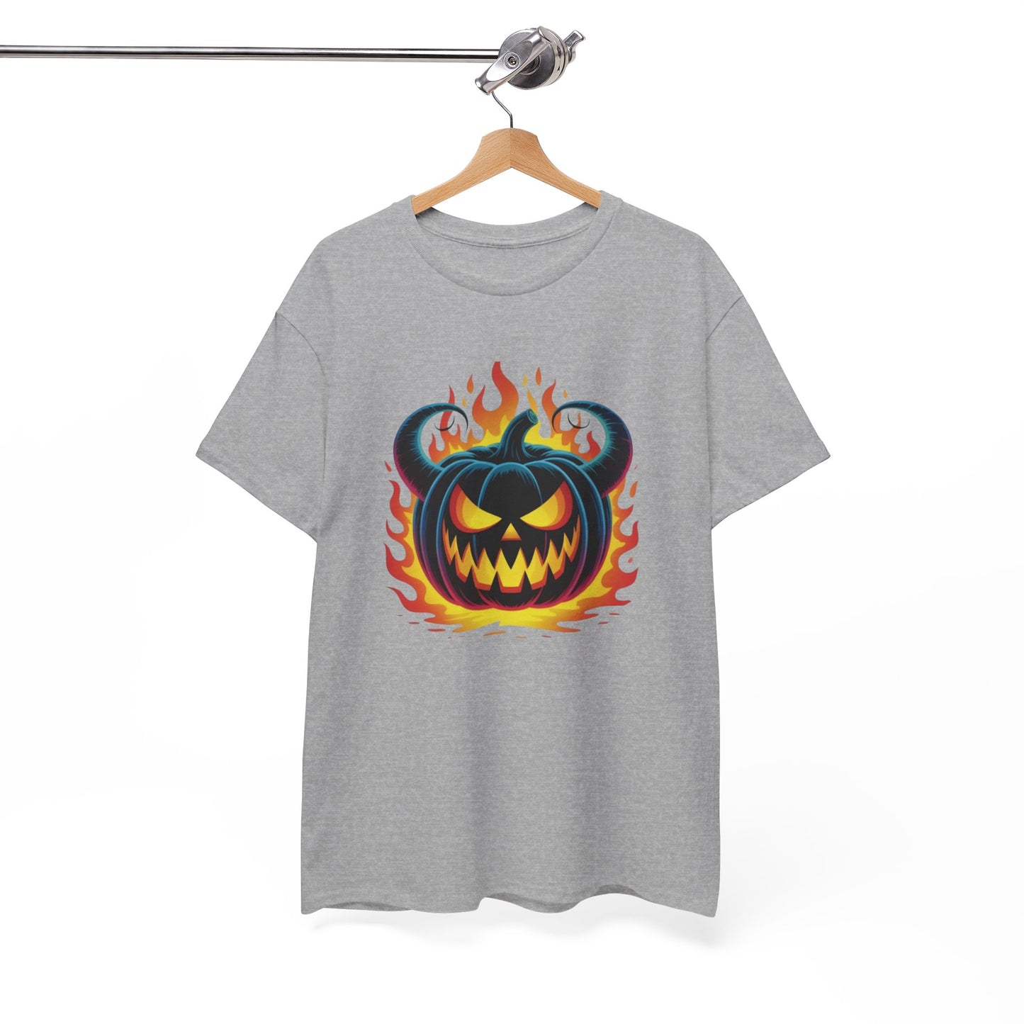 T-Shirt Halloween Citrouille Démoniaque Feu Adulte – Tee Shirt Jack O Lantern Effrayant – Design Horreur Fantaisie Noir Blanc Gris
