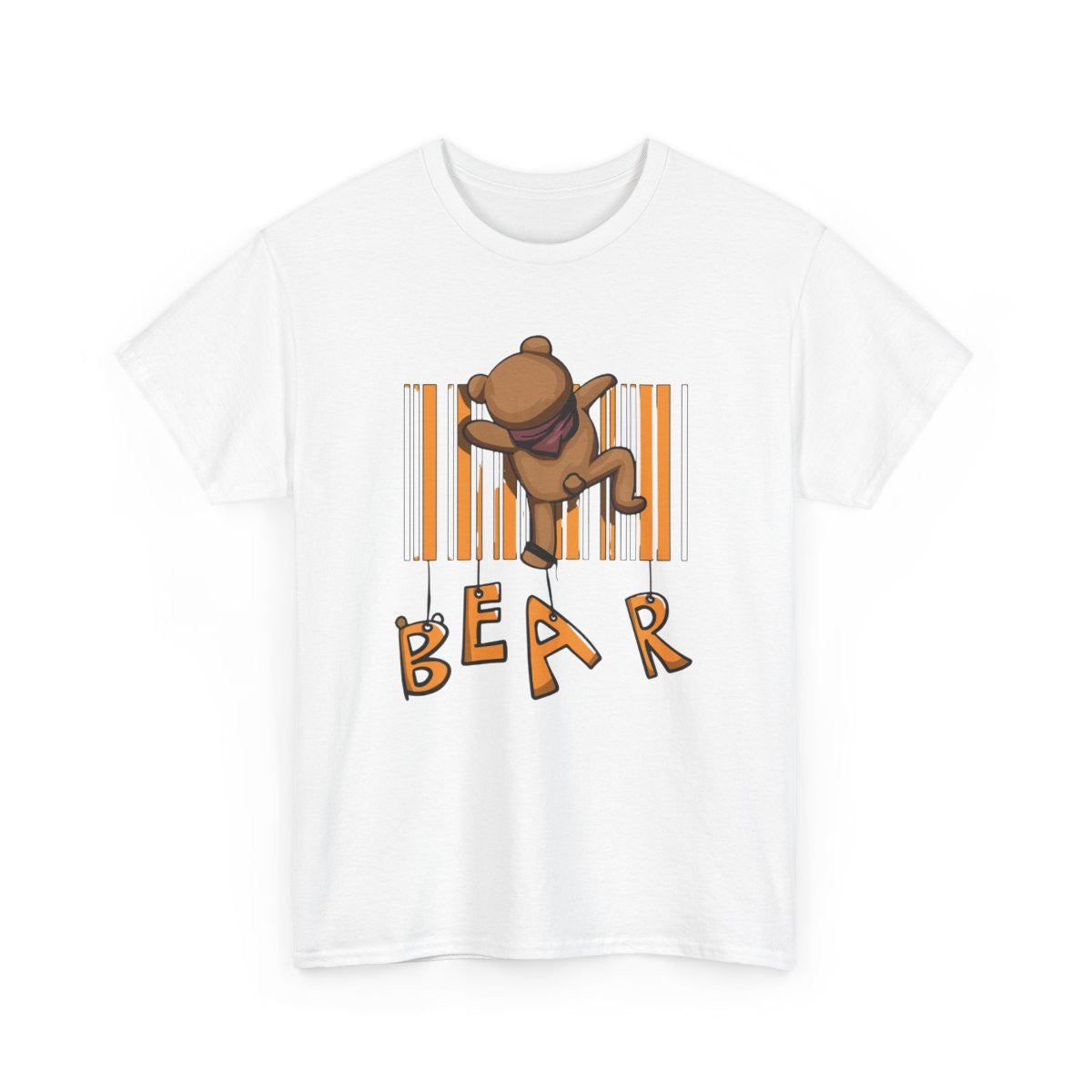 T-shirt Ours Cartoon Suspendu Code-Barres & Lettres BEAR Streetwear Graphique Unisexe Blanc Gris Noir
