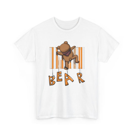 T-shirt Ours Cartoon Suspendu Code-Barres & Lettres BEAR Streetwear Graphique Unisexe Blanc Gris Noir