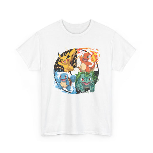 T-shirt Manga Style Pokémon avec 4 Créatures Élementaires – Tee-shirt Graphique Geek Otaku Unisexe Noir, Blanc, Gris