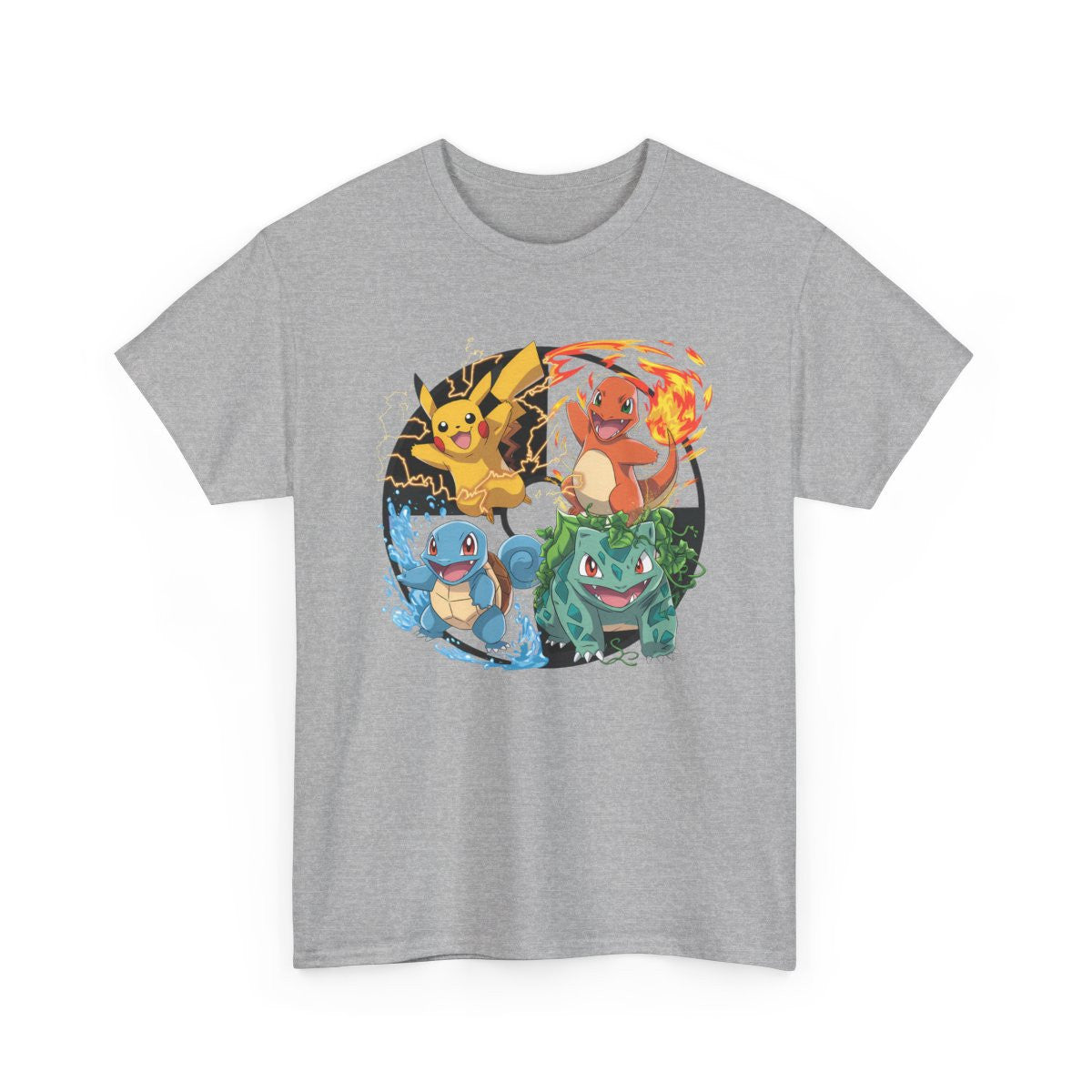 T-shirt Manga Style Pokémon avec 4 Créatures Élementaires – Tee-shirt Graphique Geek Otaku Unisexe Noir, Blanc, Gris