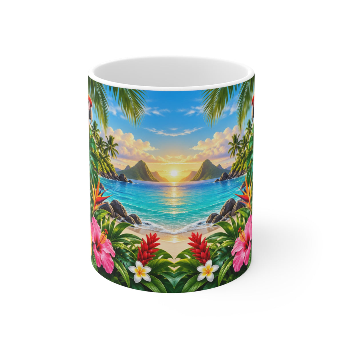 Mug Perroquets Ara dans un Paradis Tropical – Tasse Plage Exotique avec Fleurs, Palmiers et Coucher de Soleil – Cadeau Original Amoureux des Oiseaux