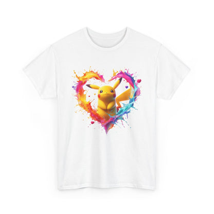 T-shirt Créature Jaune avec Cœur Splash Multicolore – Tee-shirt Amour Geek & Manga – Unisexe – Blanc, Gris, Noir