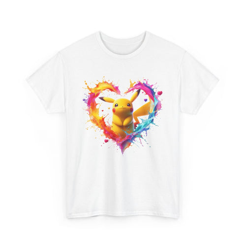 T-shirt Créature Jaune avec Cœur Splash Multicolore – Tee-shirt Amour Geek & Manga – Unisexe – Blanc, Gris, Noir
