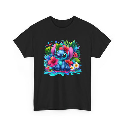 T-shirt Style Stitch Tropical Coloré  Design Fleurs d’Hibiscus & Jungle  Look Fun et Kawaii