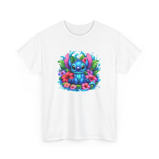 T-shirt Stitch Tropical Bleu – Design Jungle, Fleurs d’Hibiscus & Éclaboussures