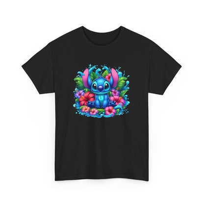 T-shirt Stitch Tropical Bleu – Design Jungle, Fleurs d’Hibiscus & Éclaboussures