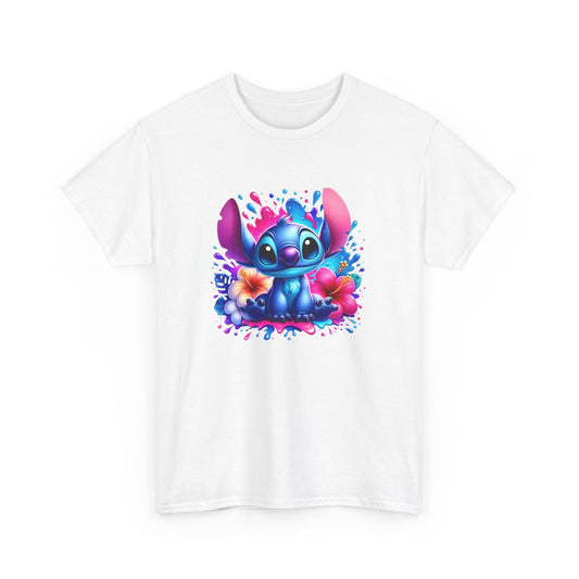 T-shirt Stitch Assis Style Cartoon – Fleurs Hibiscus Colorées & Éclaboussures