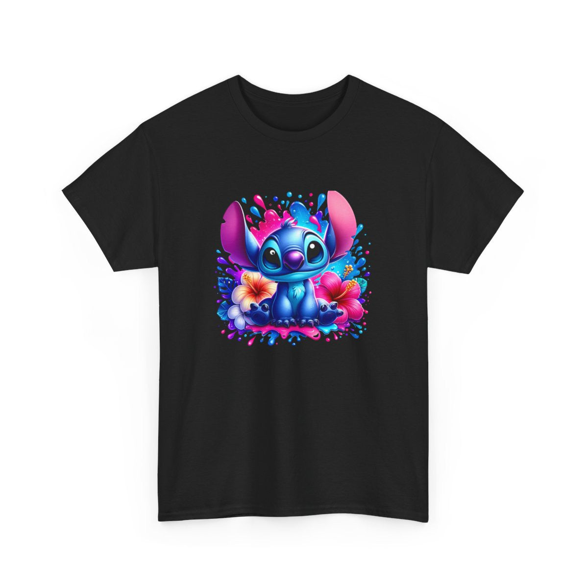 T-shirt Stitch Assis Style Cartoon – Fleurs Hibiscus Colorées & Éclaboussures