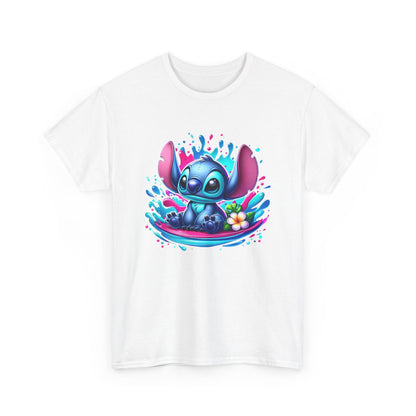 T-shirt Stitch Kawaii Assis – Illustration Splash d’Eau & Fleur Tropicale