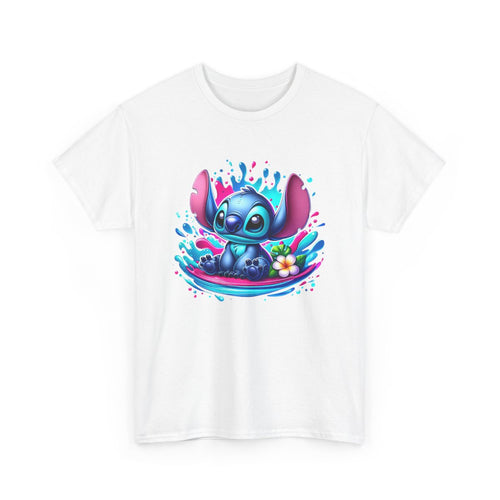 T-shirt Stitch Kawaii Assis – Illustration Splash d’Eau & Fleur Tropicale