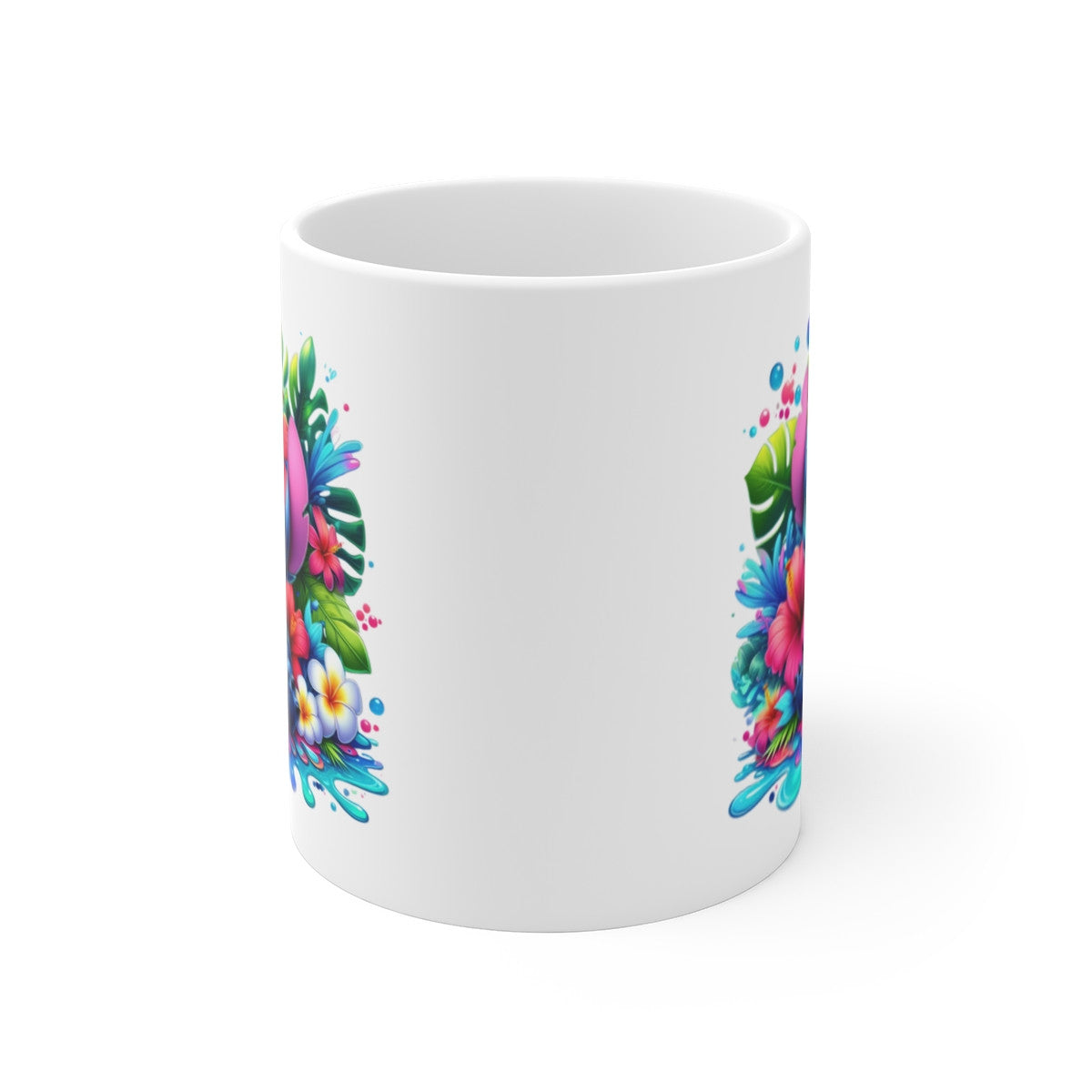 Tasse Tropicale  Stich Créature Bleue – Mug Hawaïen Kawaii avec Fleurs – Cadeau Coloré Céramique 325ml