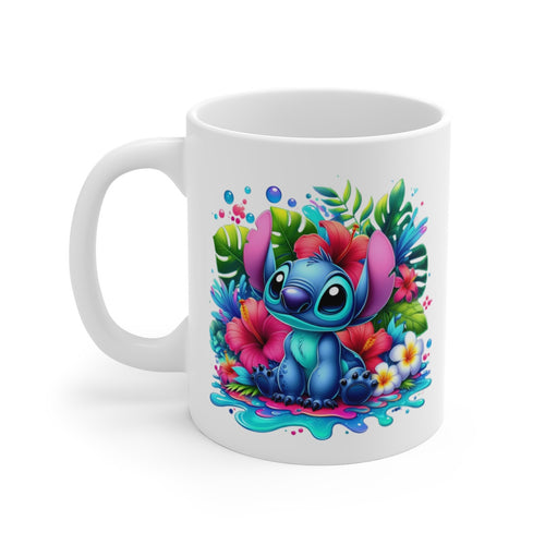 Tasse Tropicale  Stich Créature Bleue – Mug Hawaïen Kawaii avec Fleurs – Cadeau Coloré Céramique 325ml