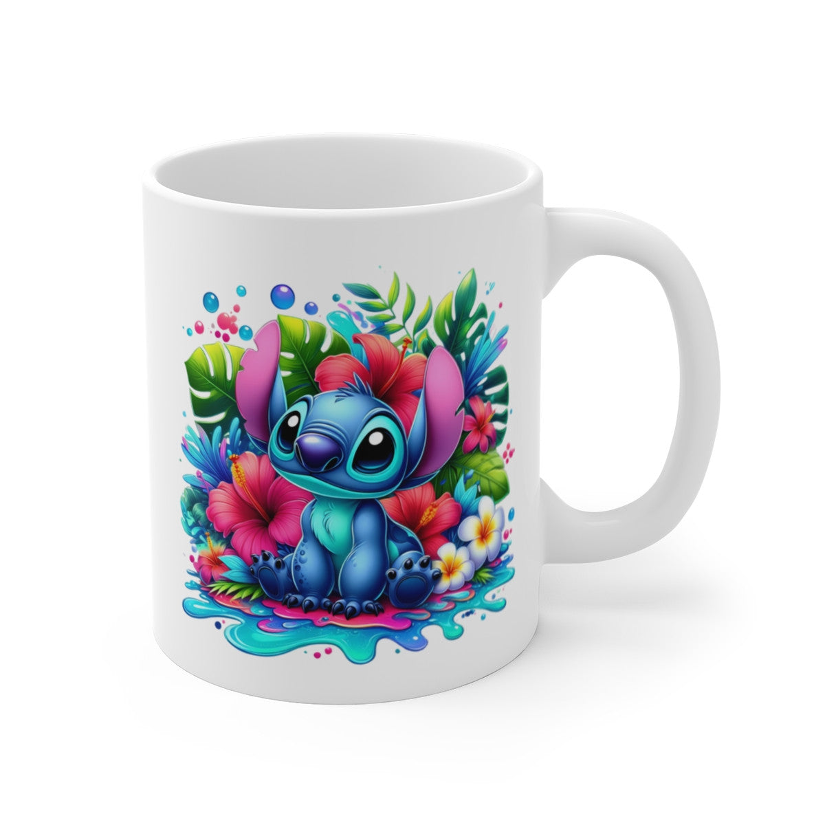Tasse Tropicale  Stich Créature Bleue – Mug Hawaïen Kawaii avec Fleurs – Cadeau Coloré Céramique 325ml