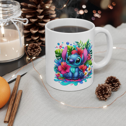 Tasse Tropicale  Stich Créature Bleue – Mug Hawaïen Kawaii avec Fleurs – Cadeau Coloré Céramique 325ml