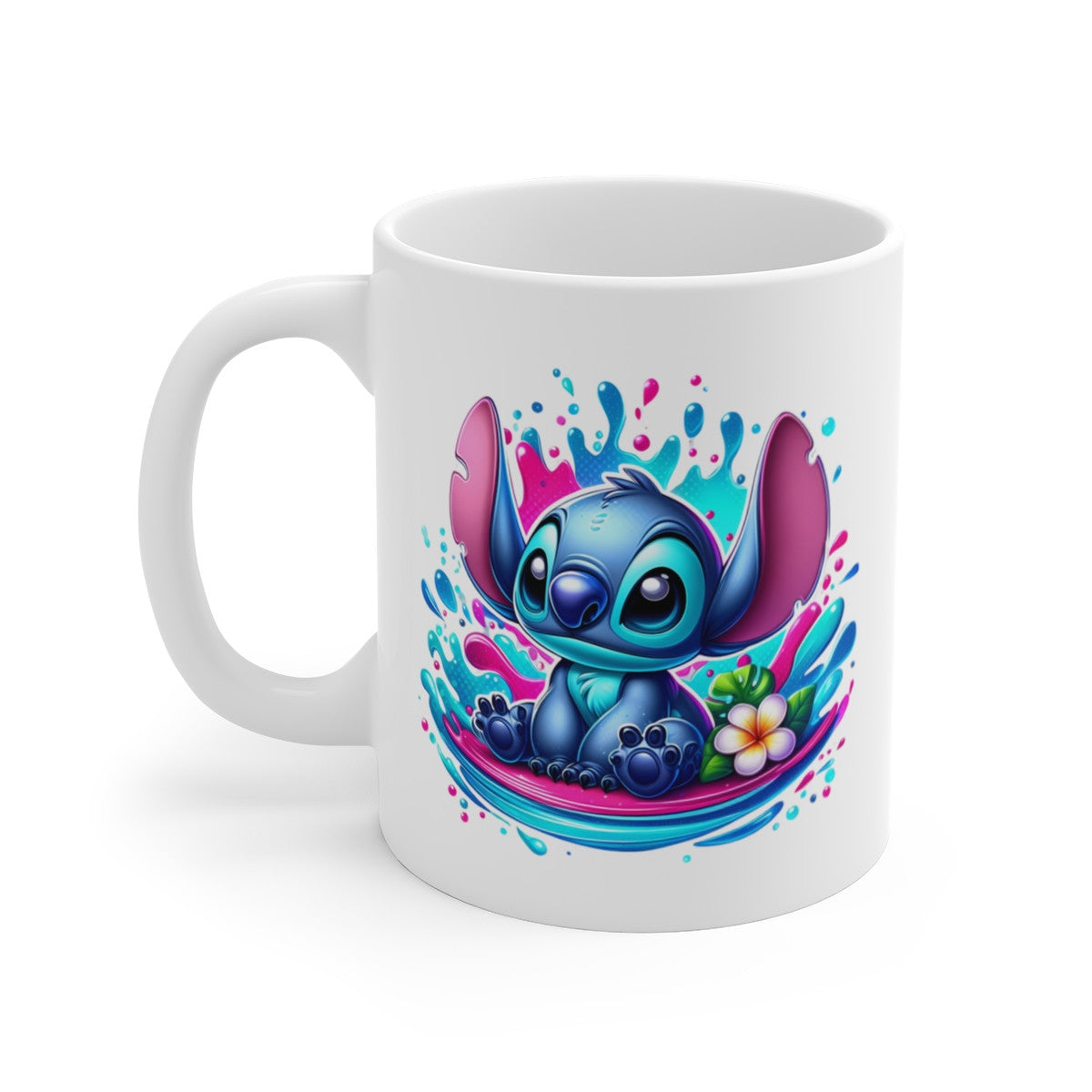 Tasse Créature Stich Bleue – Mug Tropical Exotique avec Fleurs & Splash – Cadeau Original Céramique 325ml