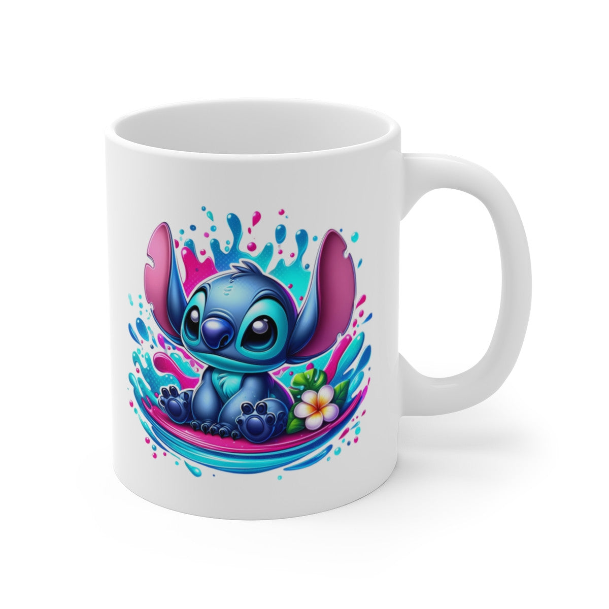Tasse Créature Stich Bleue – Mug Tropical Exotique avec Fleurs & Splash – Cadeau Original Céramique 325ml
