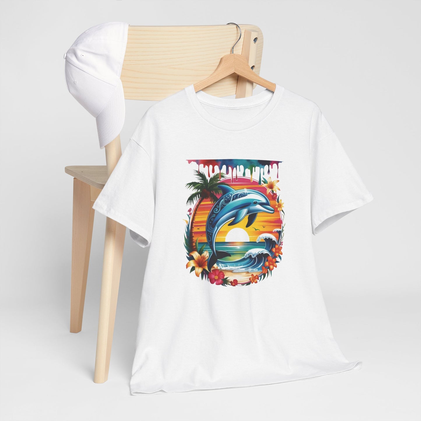T-Shirt Dauphin Tropical Adulte – Dolphin Sunset Ocean Beach – Tee Shirt Été Vacances Noir Blanc Gris