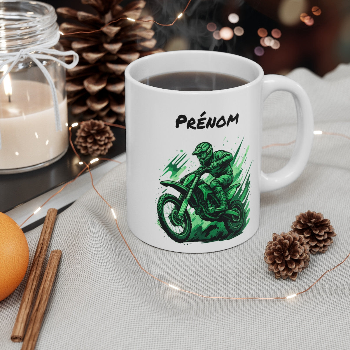 Tasse Motocross Personnalisable Mug Moto Cross Vert avec Prénom Cadeau Sport Extrême Céramique 325ml
