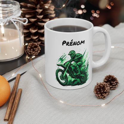 Tasse Motocross Personnalisable Mug Moto Cross Vert avec Prénom Cadeau Sport Extrême Céramique 325ml