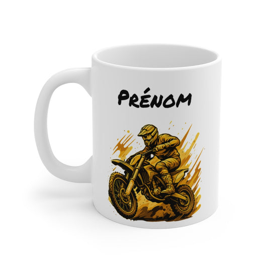 Tasse Motocross Personnalisable Mug Moto Jaune avec Prénom Cadeau Sport Extrême Céramique 325ml
