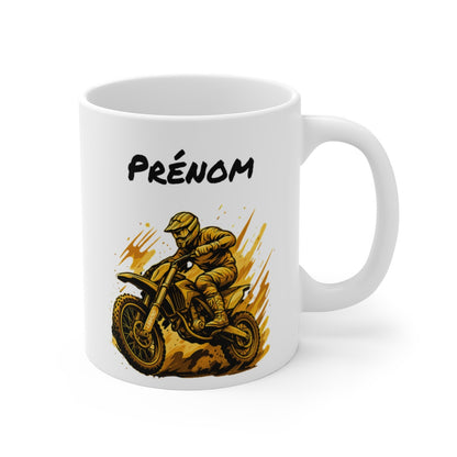 Tasse Motocross Personnalisable Mug Moto Jaune avec Prénom Cadeau Sport Extrême Céramique 325ml
