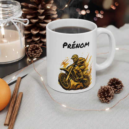 Tasse Motocross Personnalisable Mug Moto Jaune avec Prénom Cadeau Sport Extrême Céramique 325ml