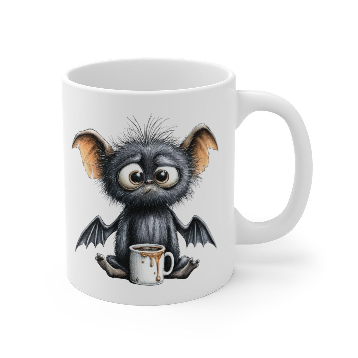 Design Mug Café Drôle – Créature Poilue Fatiguée avec Tasse – Illustration Mignonne Kawaii Gothique