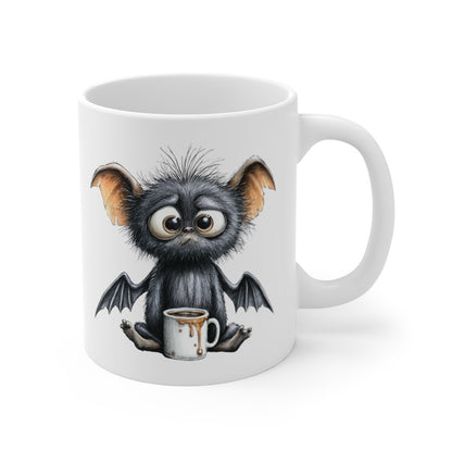 Design Mug Café Drôle – Créature Poilue Fatiguée avec Tasse – Illustration Mignonne Kawaii Gothique