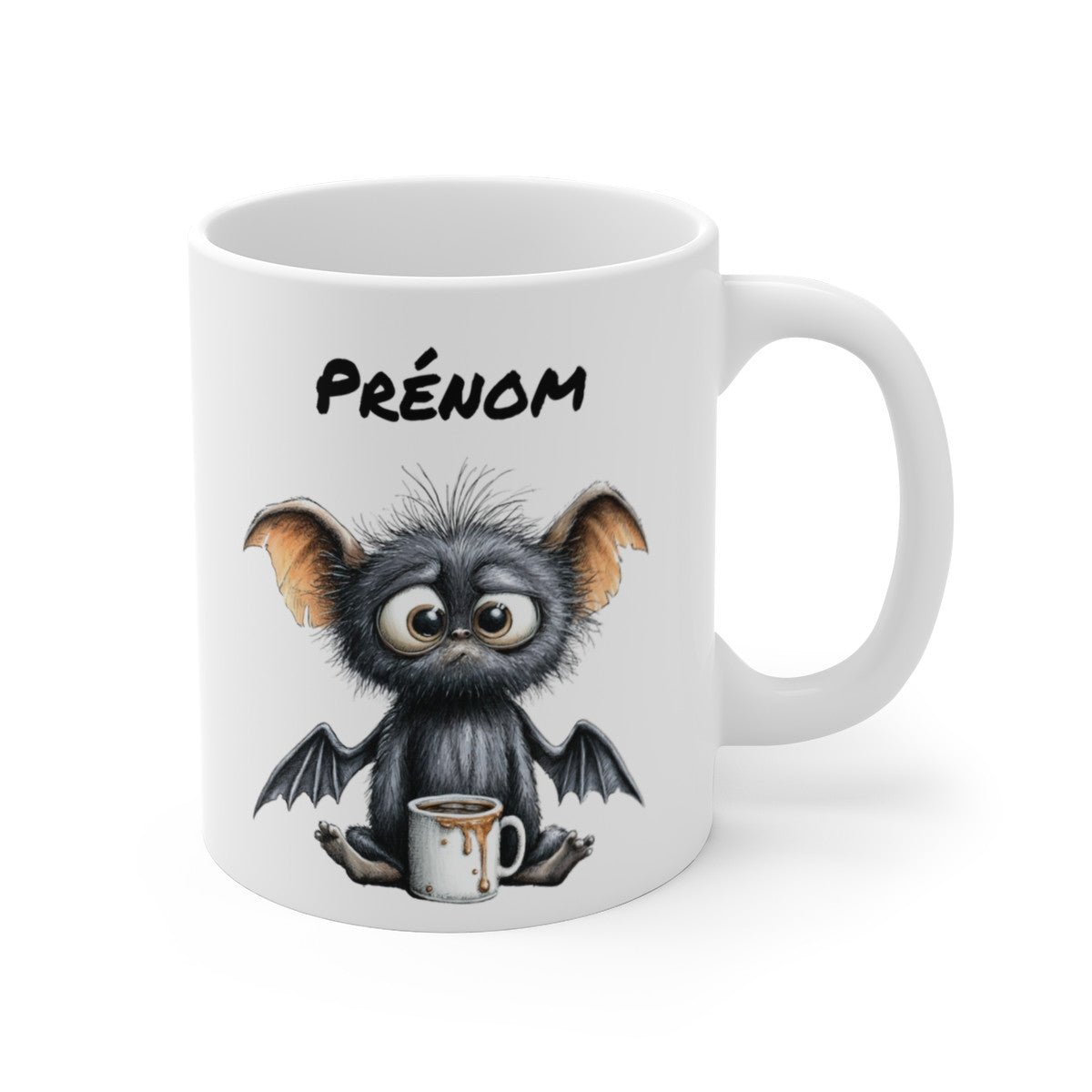 Tasse Personnalisable Chauve-Souris Fatiguée – Mug Créature Kawaii avec Café et Prénom – Cadeau Mignon Céramique 325ml