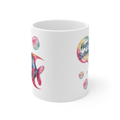 Tasse Joyeux Anniversaire Enfant – Mug Poisson Aquarelle “Happy Birthday” – Cadeau Mignon 325ml