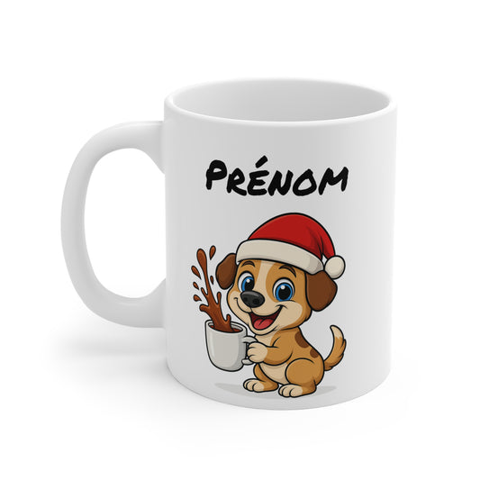 Tasse Personnalisable Chiot Noël – Mug Prénom Céramique 325ml – Cadeau Fêtes Mignon Original
