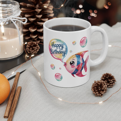 Tasse Joyeux Anniversaire Enfant – Mug Poisson Aquarelle “Happy Birthday” – Cadeau Mignon 325ml