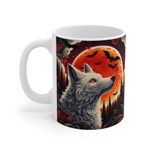 Tasse Loup Lune Rouge – Mug Halloween Forêt Noire Mystique – Cadeau Animal Fantastique