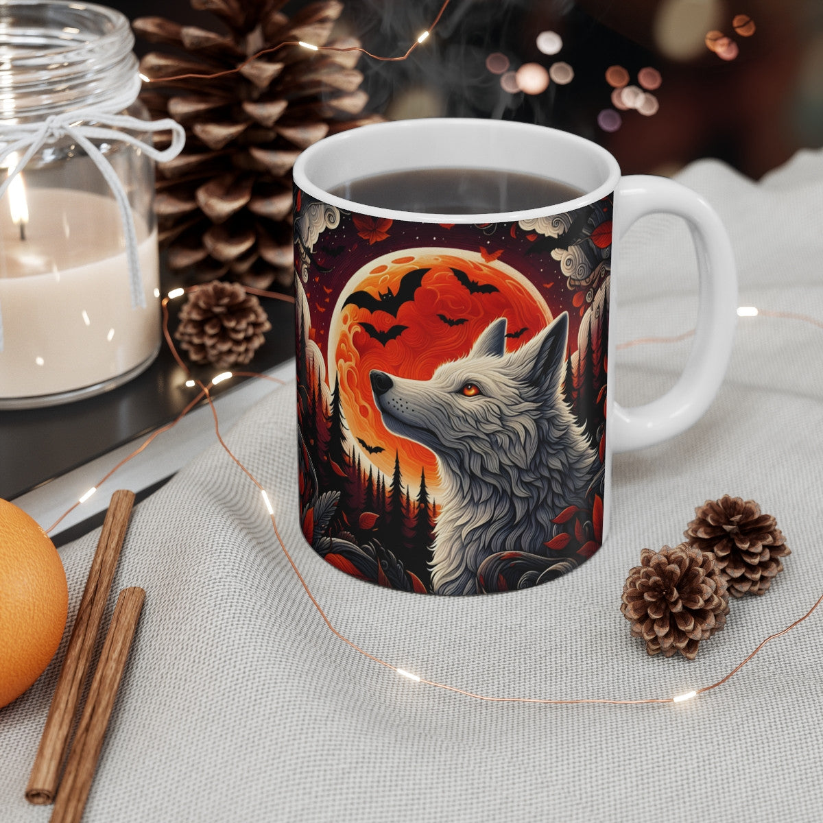 Tasse Loup Lune Rouge – Mug Halloween Forêt Noire Mystique – Cadeau Animal Fantastique