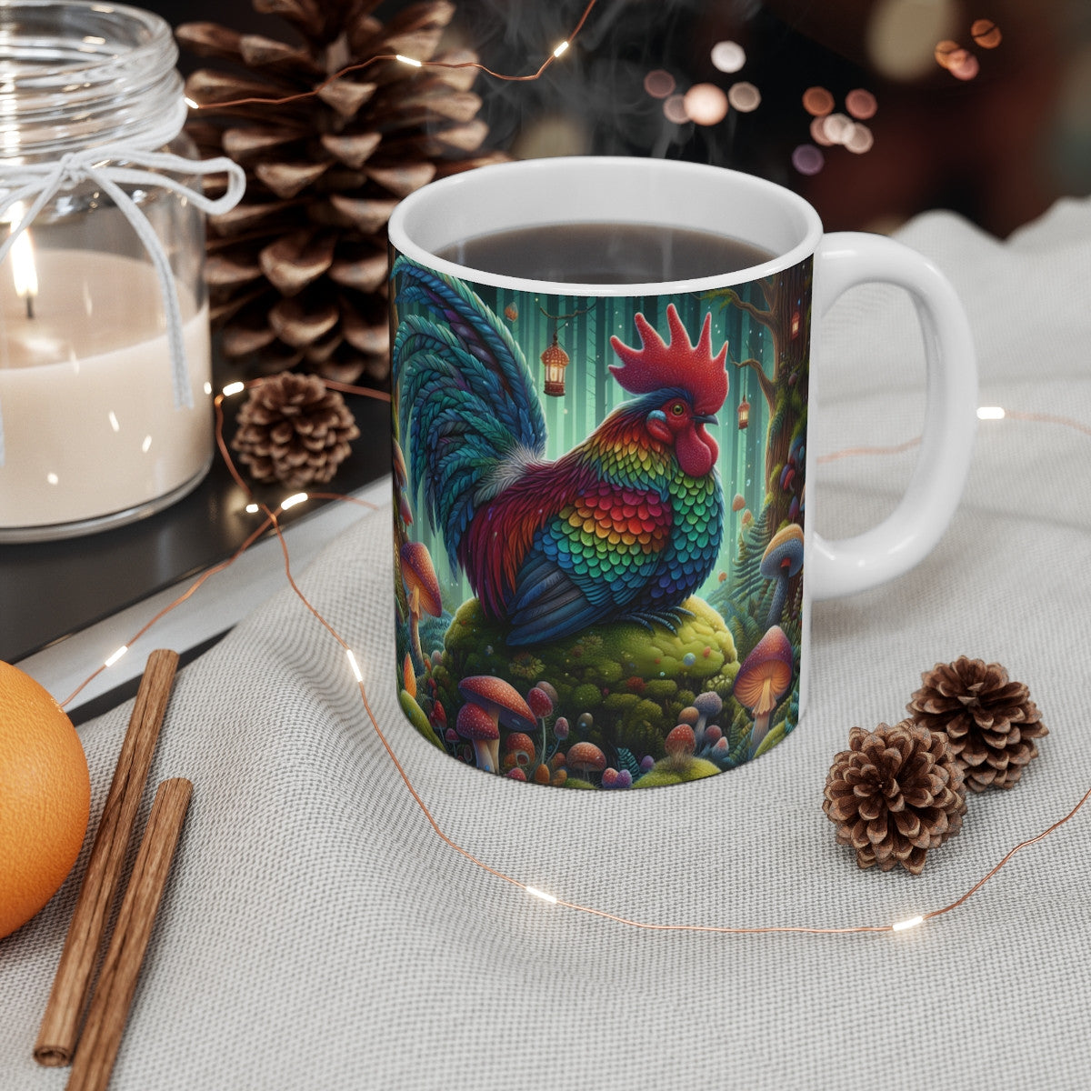 Tasse Coq Féerique Couleurs Arc-en-ciel – Mug Forêt Magique Fantaisie – Cadeau Original 325ml