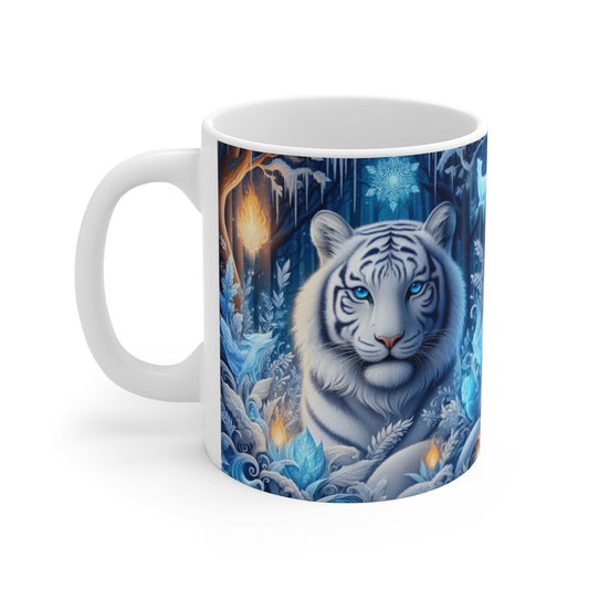 Tasse Tigre Blanc Hiver Féérique – Mug Forêt Enneigée Fantaisie – Cadeau Animal Glacial Majestueux 325ml