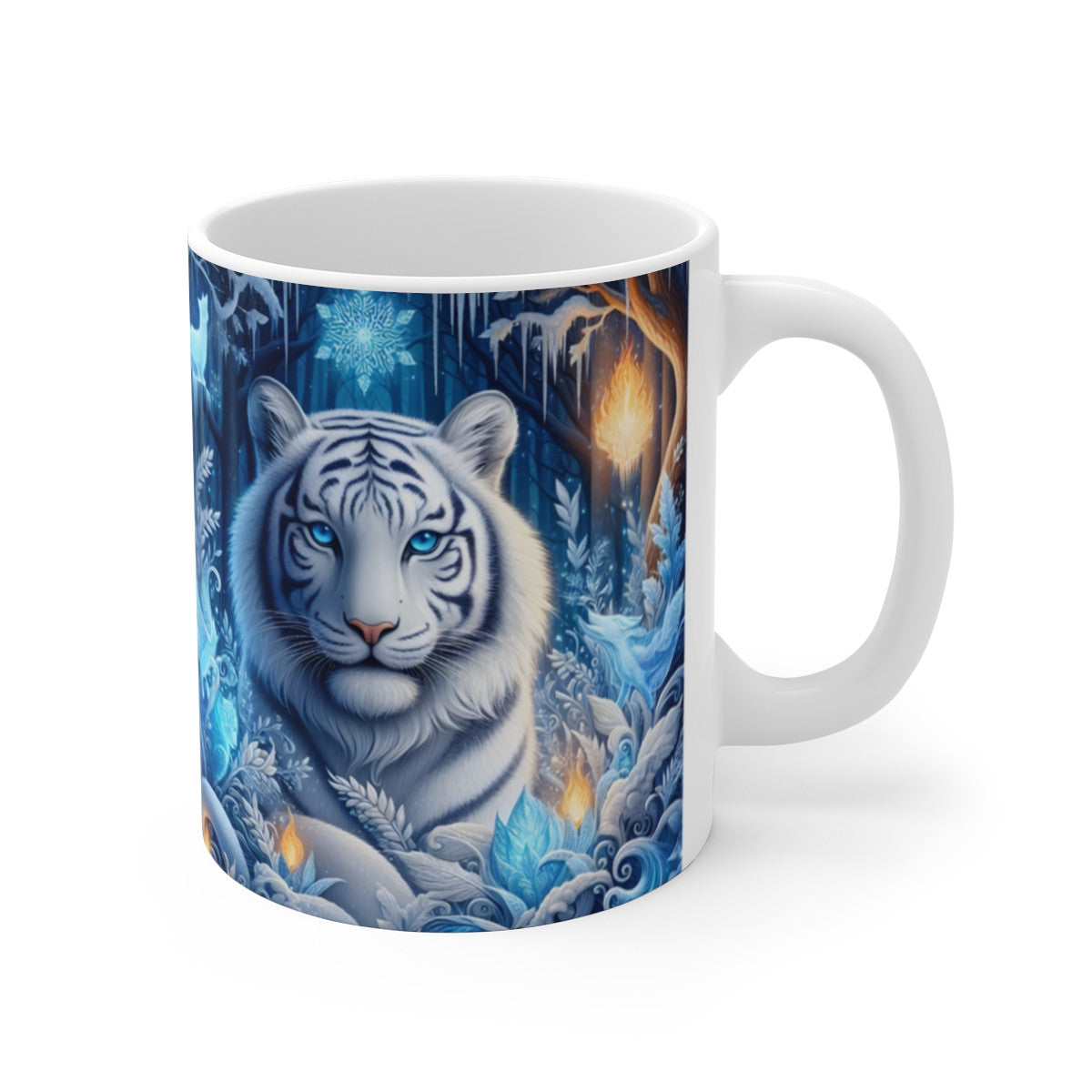 Tasse Tigre Blanc Hiver Féérique – Mug Forêt Enneigée Fantaisie – Cadeau Animal Glacial Majestueux 325ml