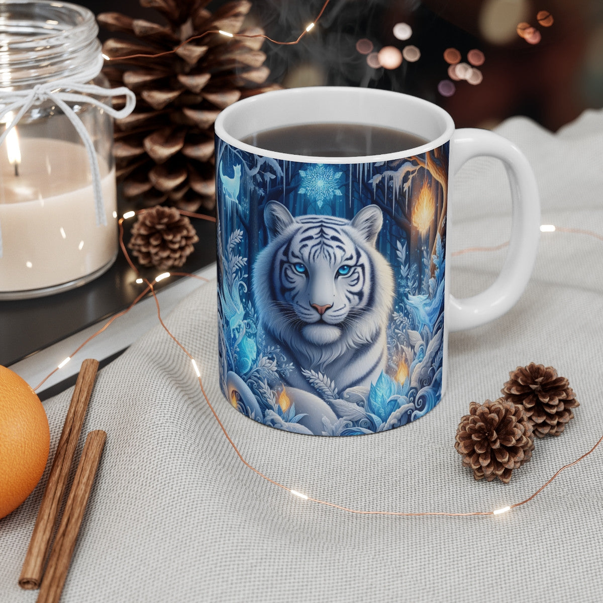Tasse Tigre Blanc Hiver Féérique – Mug Forêt Enneigée Fantaisie – Cadeau Animal Glacial Majestueux 325ml