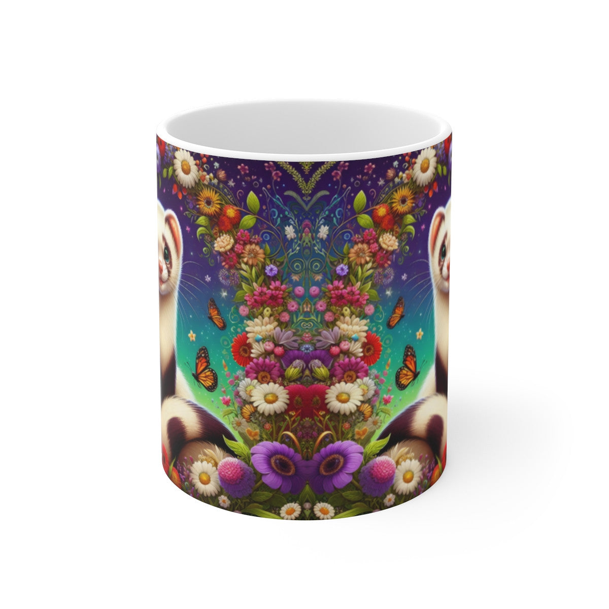 Tasse Furet Illustration Fleurie – Mug Printemps Animal Mignon – Cadeau Fantaisie Nature Colorée 325ml