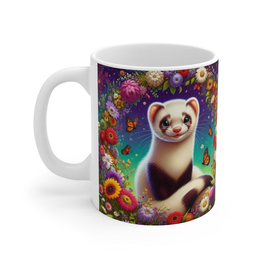 Tasse Furet Illustration Fleurie – Mug Printemps Animal Mignon – Cadeau Fantaisie Nature Colorée 325ml