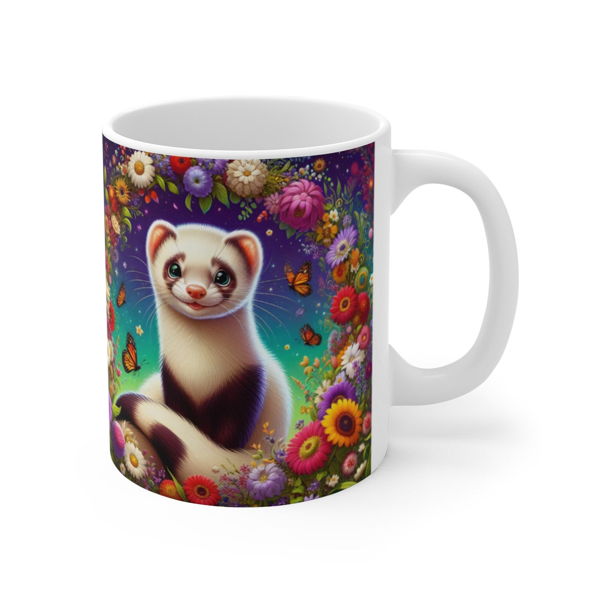 Tasse Furet Illustration Fleurie – Mug Printemps Animal Mignon – Cadeau Fantaisie Nature Colorée 325ml