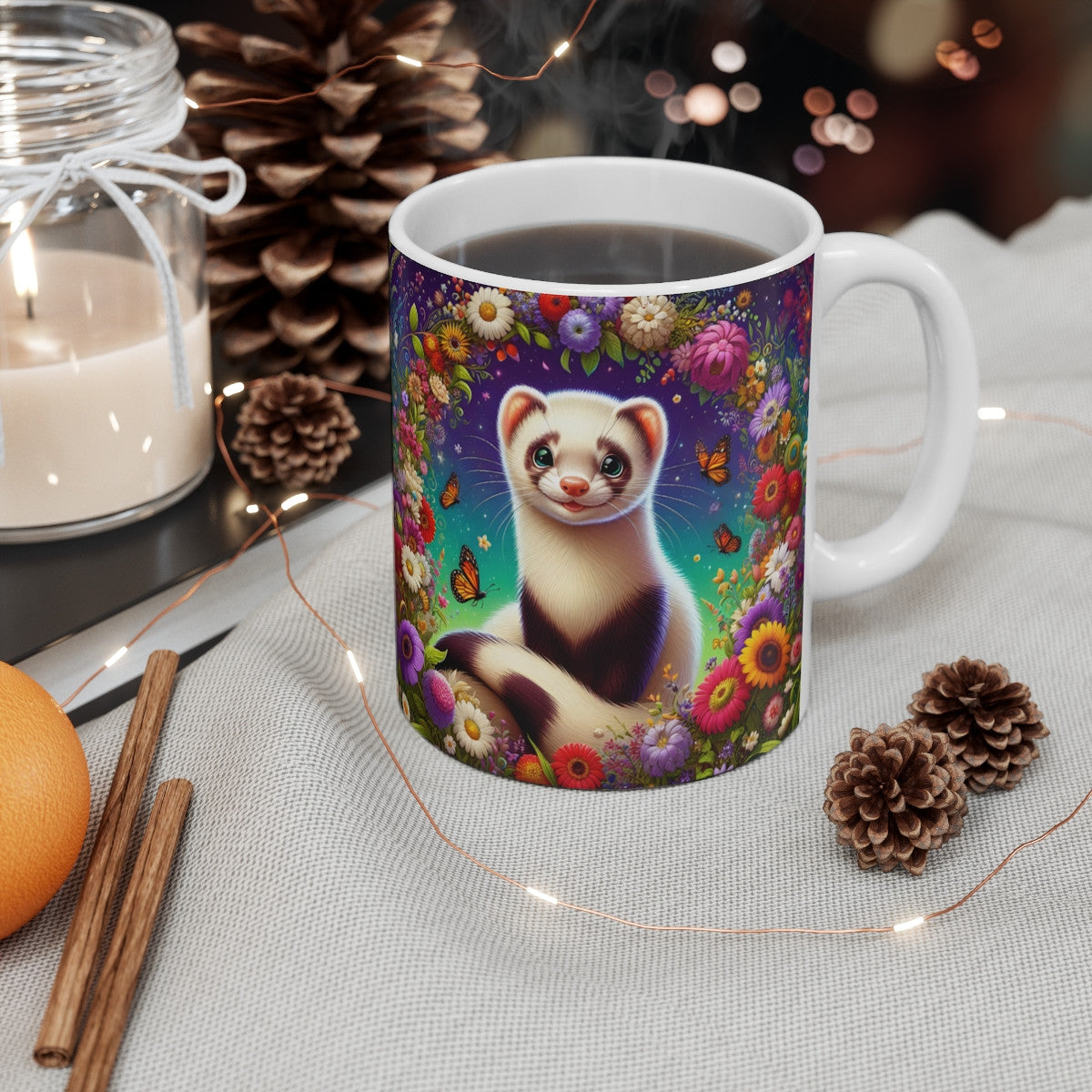 Tasse Furet Illustration Fleurie – Mug Printemps Animal Mignon – Cadeau Fantaisie Nature Colorée 325ml