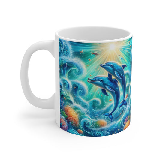 Tasse Dauphins Illustration Océan Magique – Mug Mer Fantaisie Tropicale – Idée Cadeau Marin 325ml